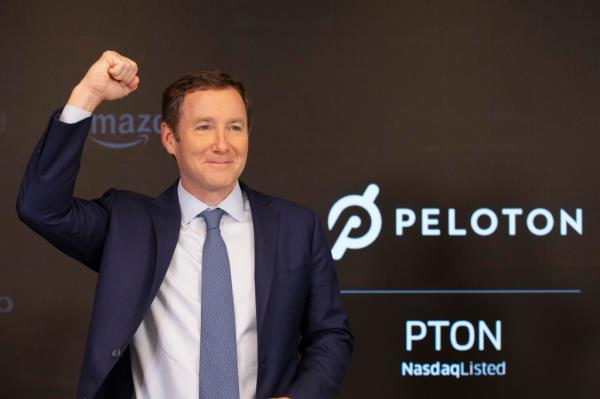 Peloton CEO John Foley celebrating at the Nasdaq MarketSite before the opening bell of his company’s IPO on September 26, 2019 in New York.