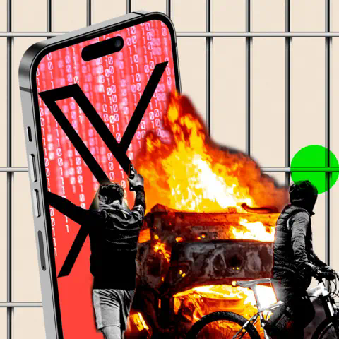 BBC Montage: An iPhone displaying code alongside the 'X' logo, two rioters standing near a burning car, all set against the backdrop of prison bars.