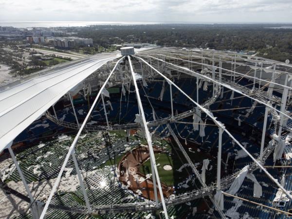 A drone image shows the dome of Tropicana Field which has been torn open due to Hurricane Milton in St. Petersburg, Florida, on October 10, 2024.